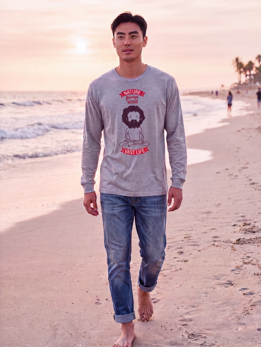 Gray Long Sleeve Tee with Graphic Print by VAST LIFE